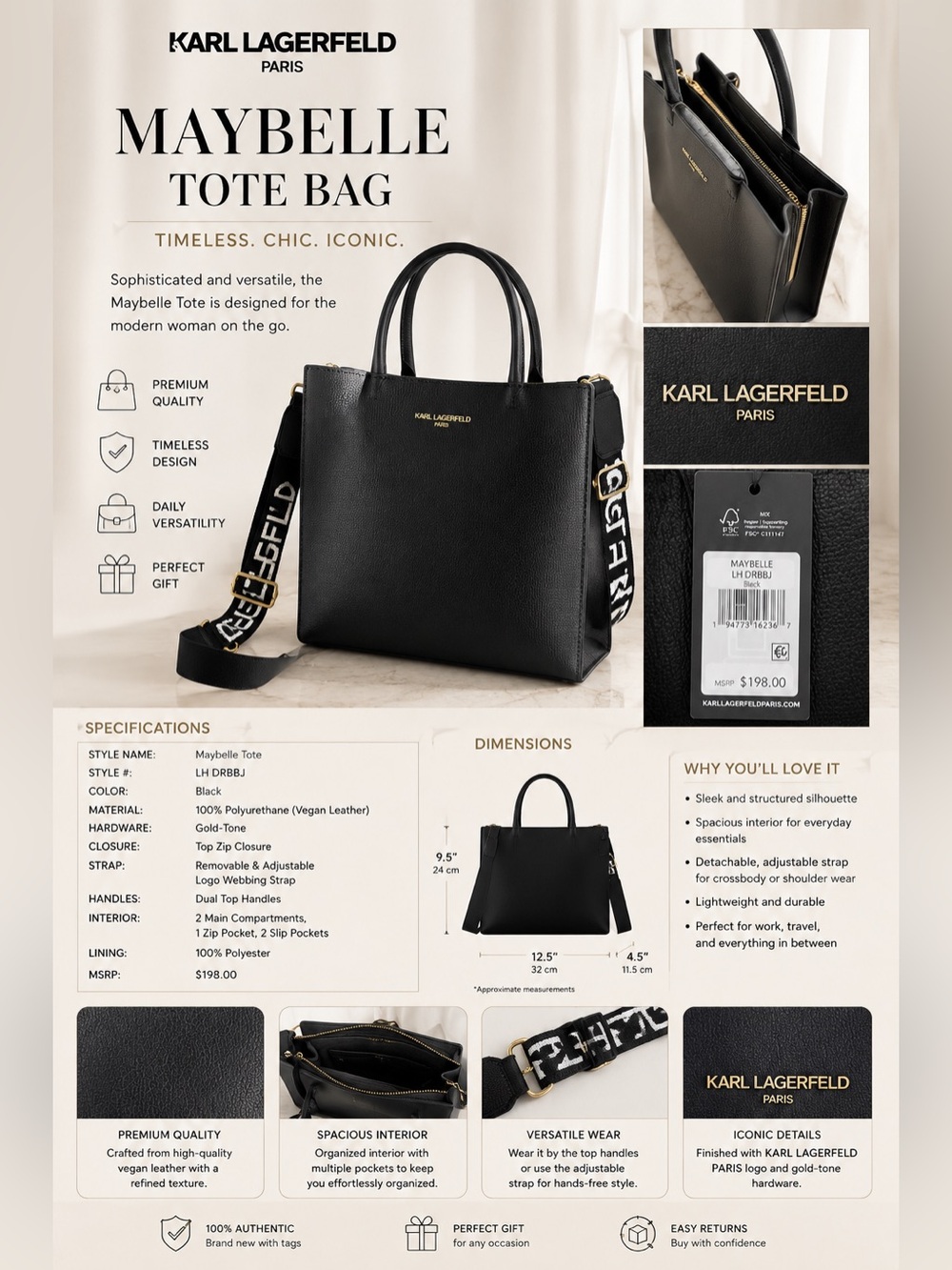 Karl Lagerfeld Maybelle Tote Bag in Black with Logo Webbing Strap